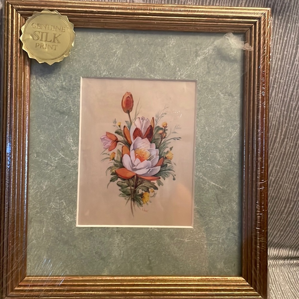 Genuine silk print framed and matted in original package. Floral design
